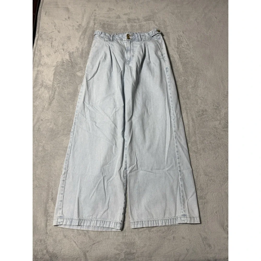 American Eagle Womens 6 Wide Leg Trouser Jeans Light Wash Blue‎ Pleated 28